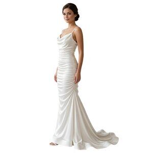 White Draped Neck Mermaid Long Formal Evening Gown 13 W/Train Pageant Wedding